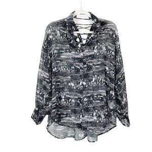 IRO Jeans Woman's Sz 36/4 Black & White Patterned Lace Up Back Semi Sheer Blouse